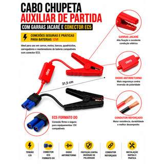 Cabo Auxiliar para Bateria com Garras Jacaré e Diodo Antirretorno para Veículos Automotivos