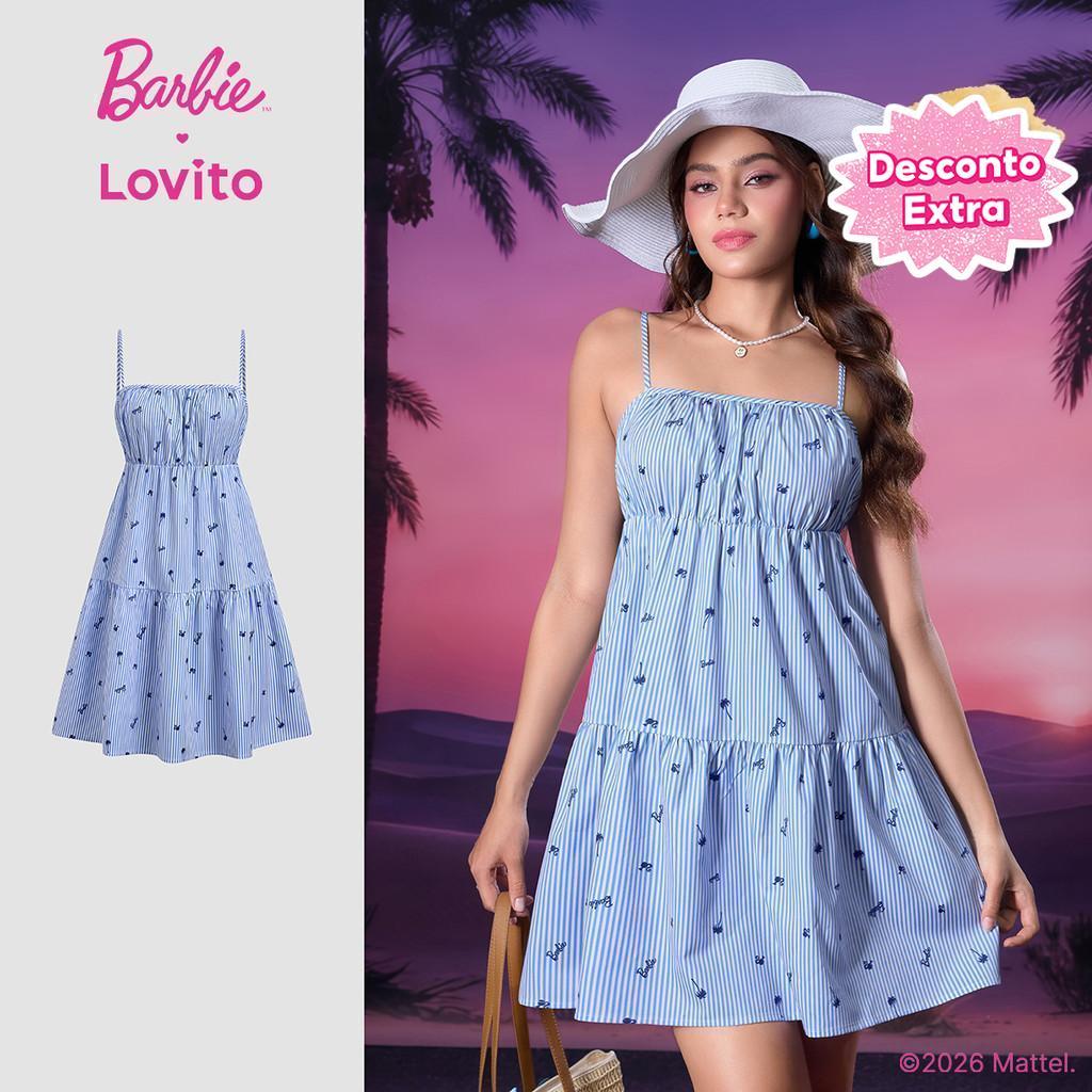 (New Arrival) Barbie™ X Lovito Vestido Azul Feminino Primavera/Verão Modelo A Mi
