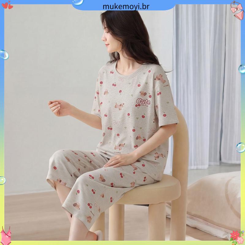 2026 novo estilo pijamas femininos verão manga curta calças cortadas bonito cereja tamanho grande fino exterior Wear Hom
