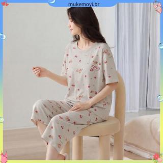 2026 novo estilo pijamas femininos verão manga curta calças cortadas bonito cereja tamanho grande fino exterior Wear Hom