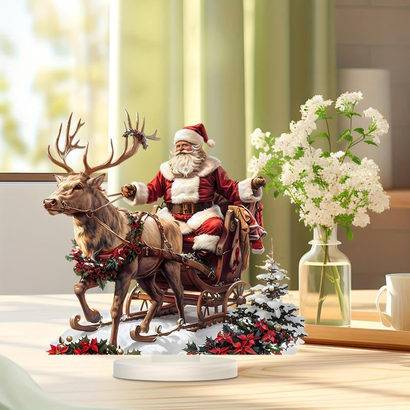 Decoração de Mesa com Base: Papai Noel, Rena e Trenó, Enfeites de Natal em Acrílico 2D, Artigos para Festa de Natal