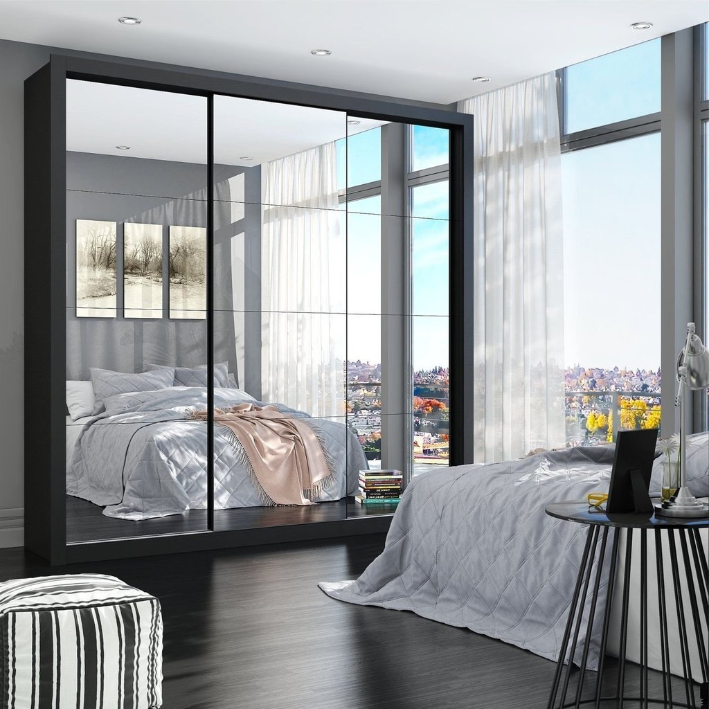Guarda Roupa Casal com Espelhos 3 Portas de Correr 4 Gavetas Max Premium Espresso Móveis Preto Preto