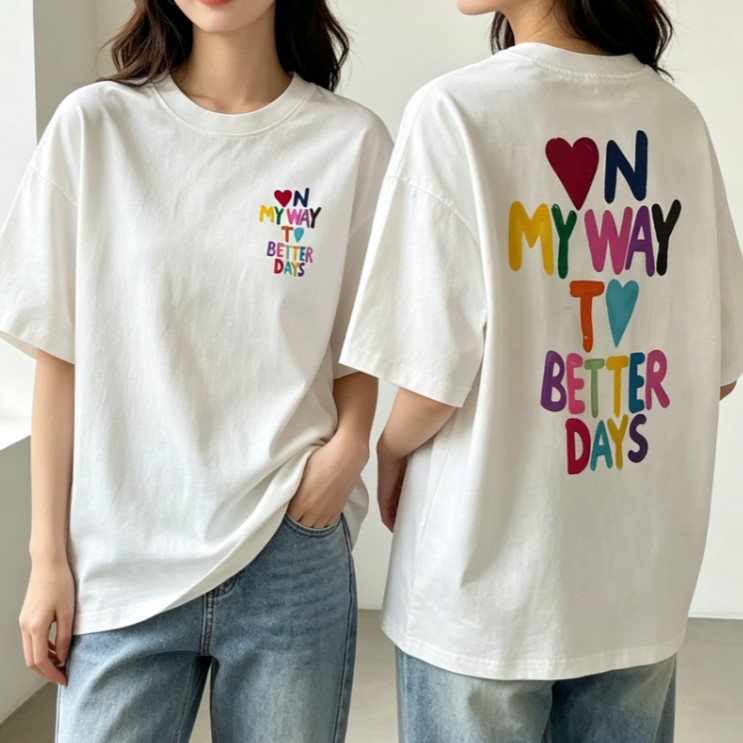 Camiseta Feminina 100% Algodão Com Estampa Dupla De Letras Coloridas E Corações Confortável Para Uso Diário E Lazer