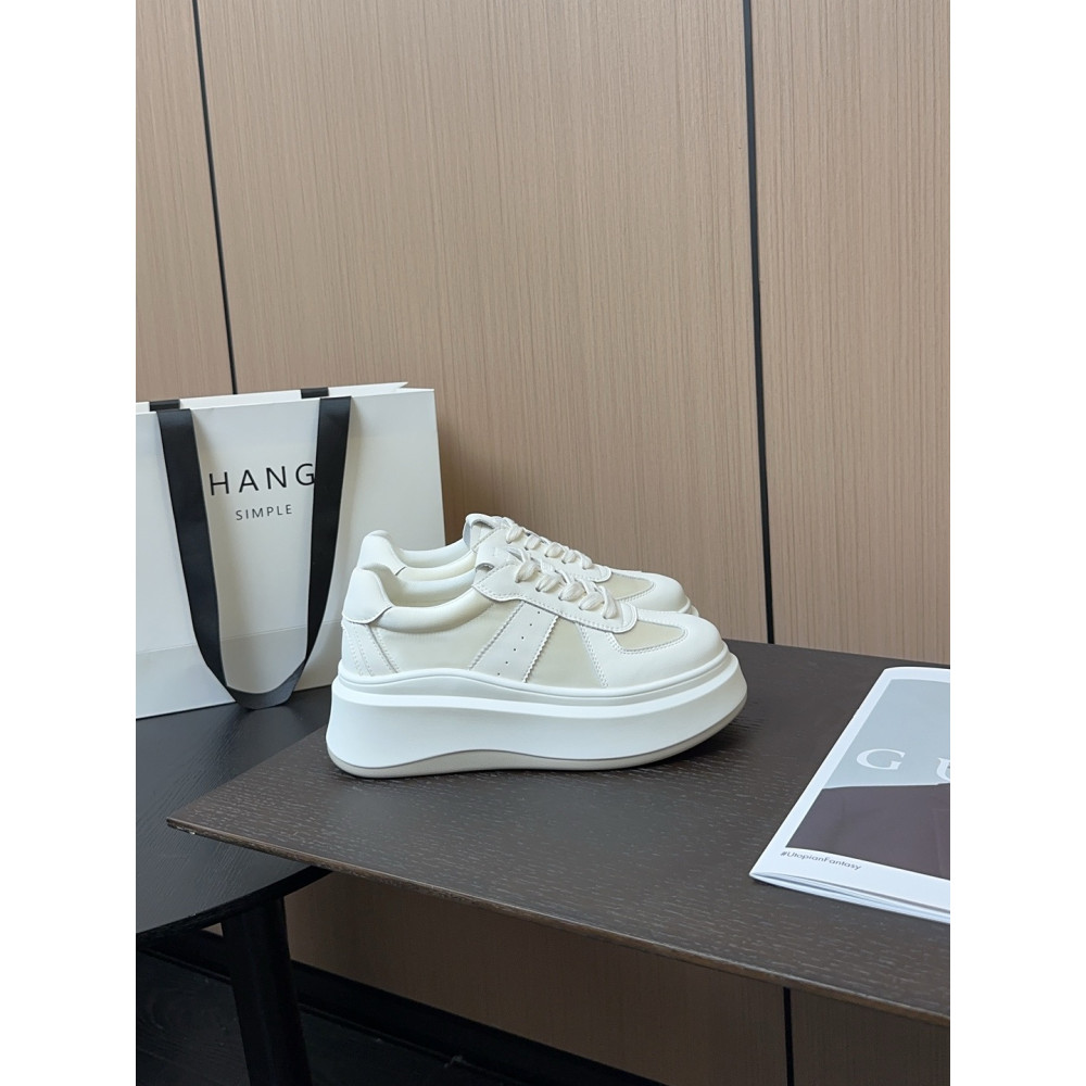 Sapatos brancos de couro feminino 2025 novo estilo couro genuíno sapatos de plataforma de sola grossa All-Match branco C