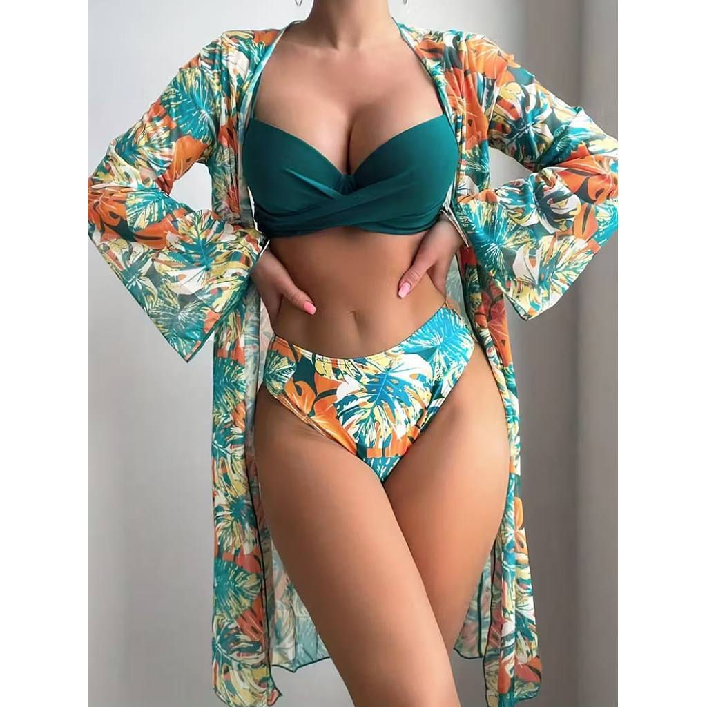 Biquíni top bojo feminino conjunto estampa rosa floral três peças bundao moda praia piscina lazer natação