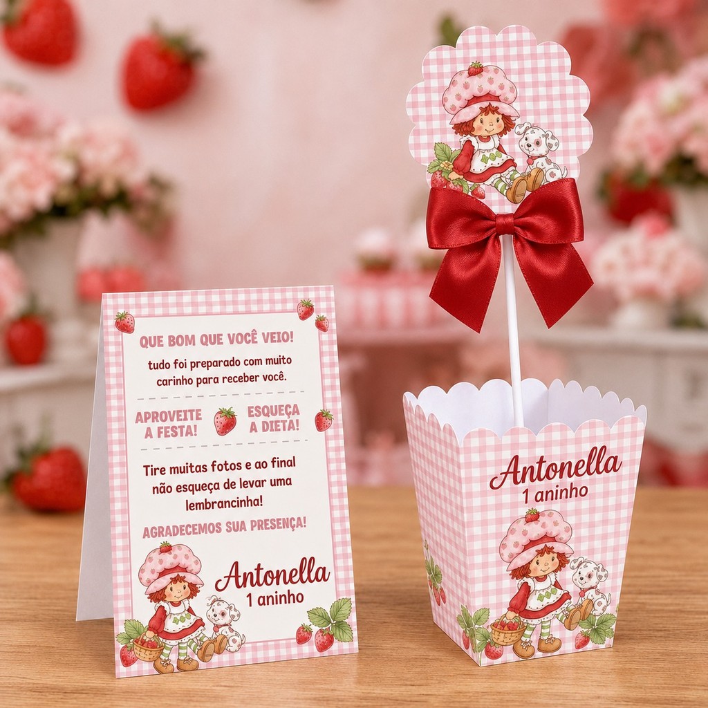Kit Centro de mesa + Plaquinha de mesa MORANGUINHO VINTAGE ANTIGA ANOS 80 90  Personalizado - PEGUE E MONTE