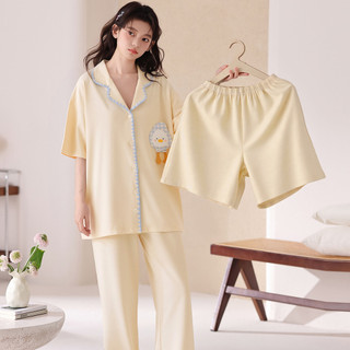 100% algodão conjunto de três peças com pijamas femininos Shorts verão calças de manga curta lapela Cardigan algodão Lou