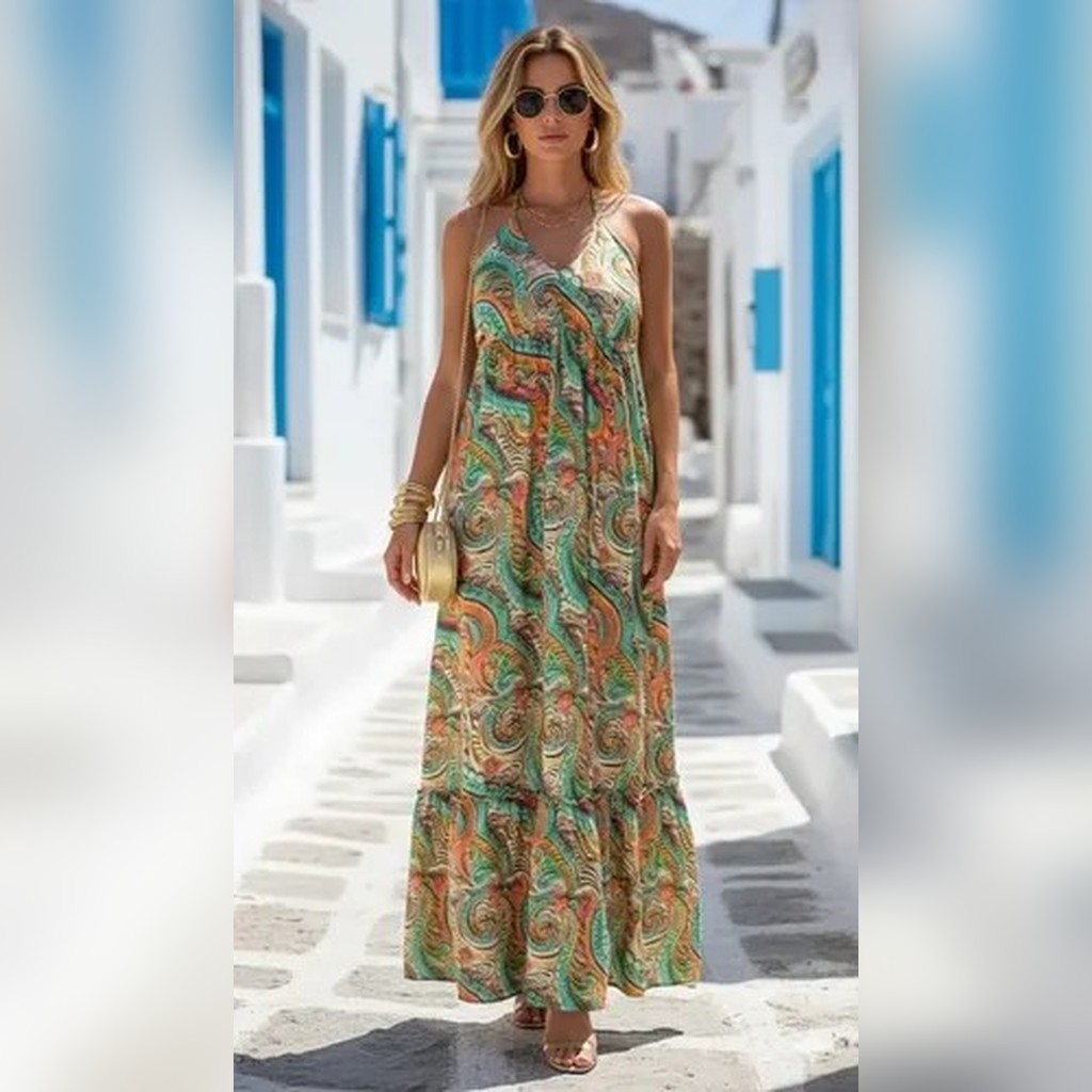 Vestido Estampado Colorido Alcinha Soltinho Sem Bojo Bralok Longo Decote V Crepinho Plus Size Gestante Casual Festa