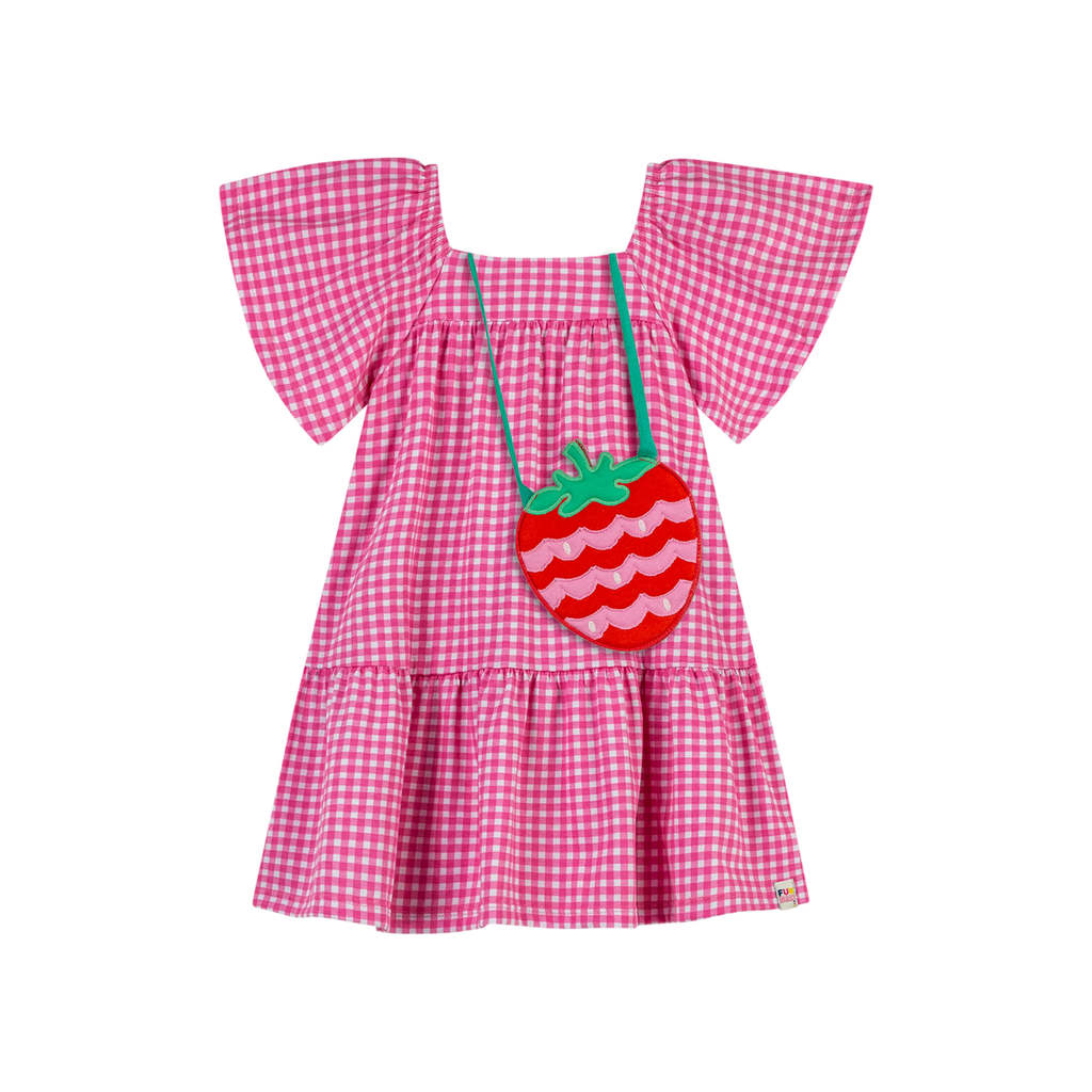Vestido Infantil Menina Xadrez Com Bolsa Elian Rosa