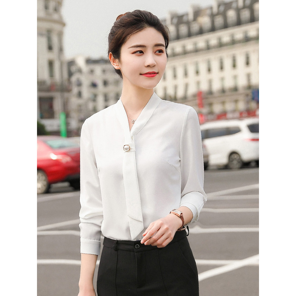 Camisa feminina de manga comprida primavera outono estilo decote em V botões versão coreana moda All-Match elegante trab