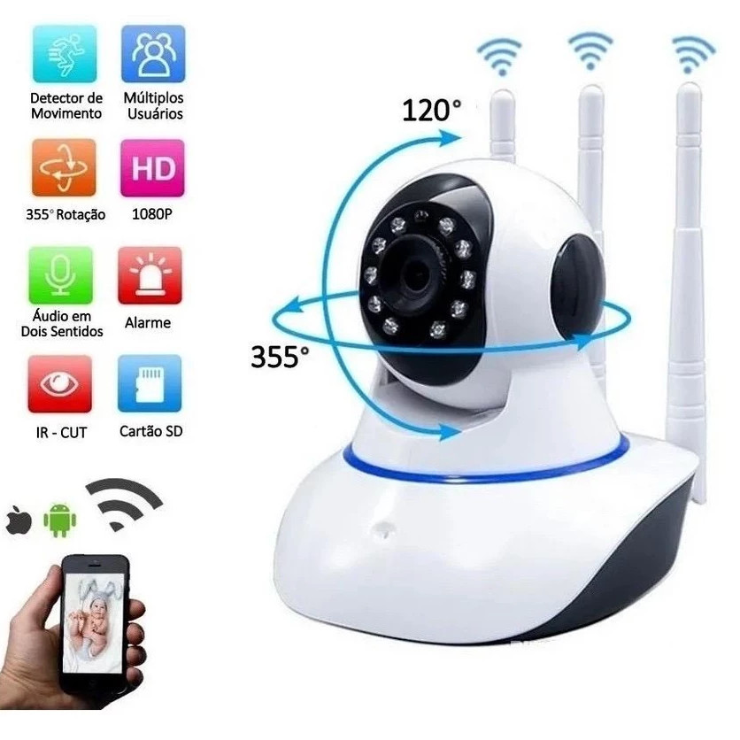 Câmera de Segurança wifi iP robô 3 antenas yoosee visão noturna full HD 360º babá Eletrônica