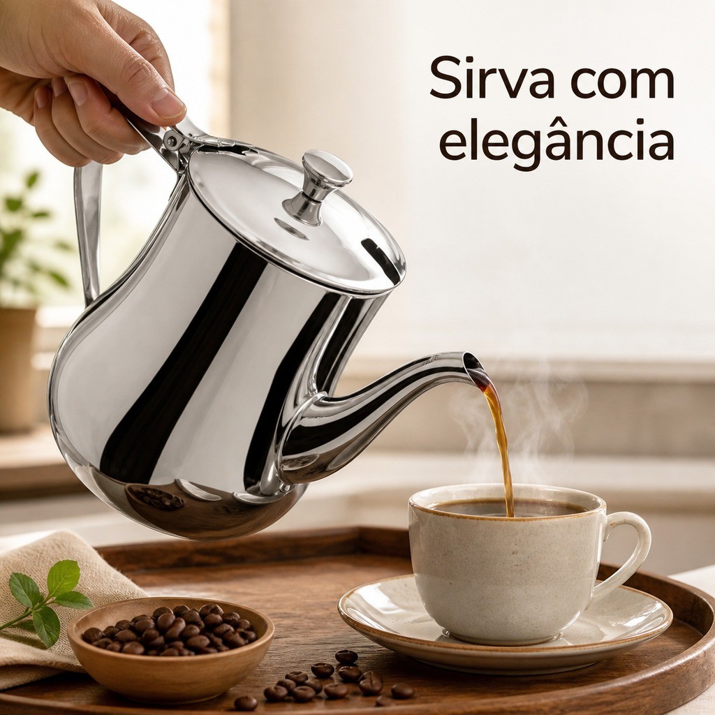 Bule Inox Prateado para Servir Bebidas, 280 ml, 420 ml ou 550 ml, com Tampa e Alça Segura