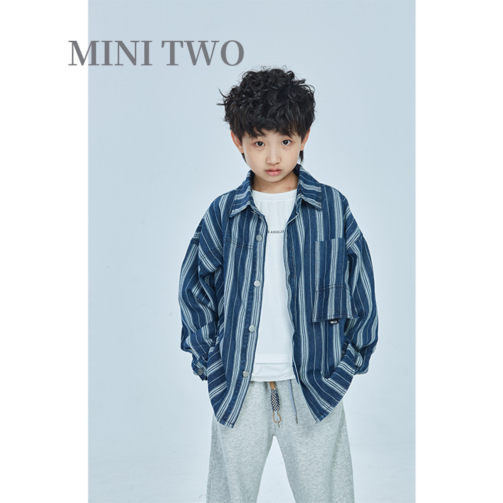MT Roupas infantis originais japonesas meninos jeans listrado camisa de manga comprida crianças primavera outono camisa 