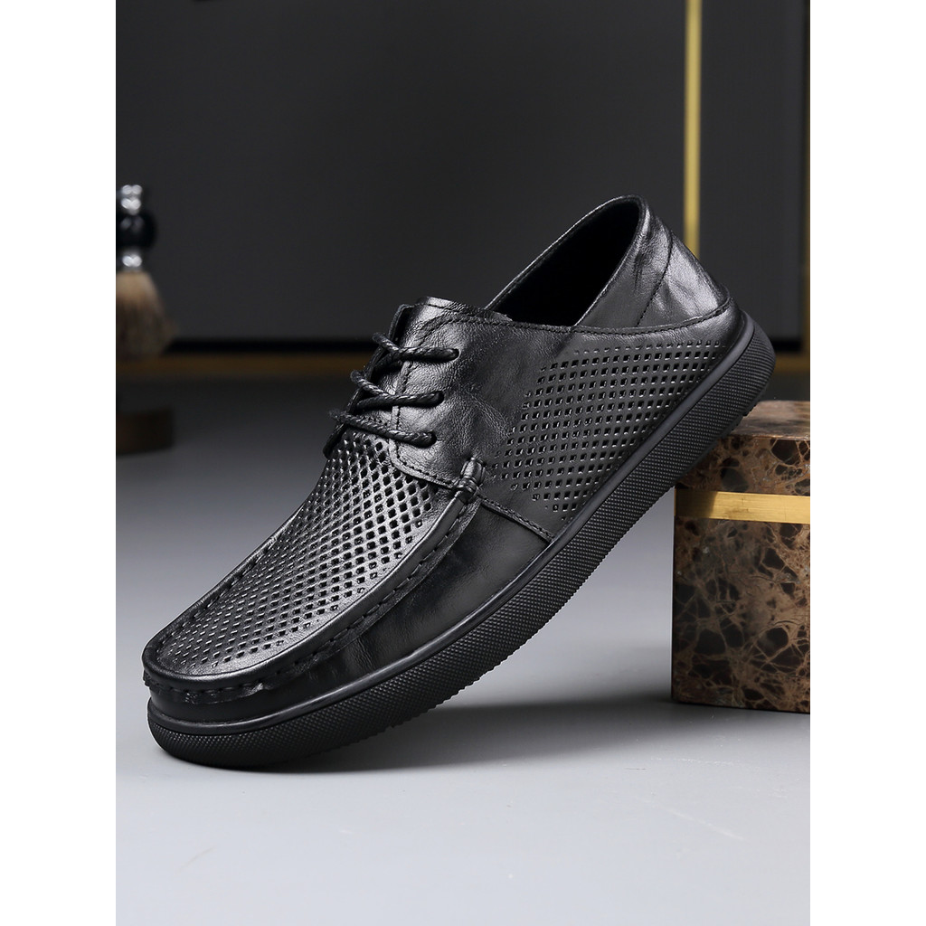 Sapatos de couro casuais masculinos verão respirável fino sola macia sandálias perfuradas camada superior sandálias ocas