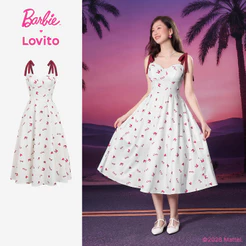 Barbie™ X Lovito Vestido Branco Longo Feminino Primavera/Verão Modelo A com Laço Grande LBL5AD049