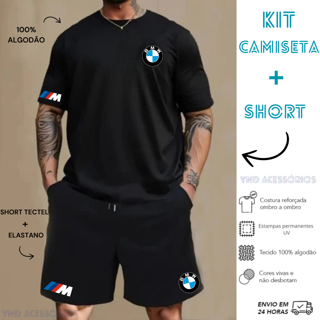 Conjunto KIT Bmw Camiseta algodão E Bermuda Tectel Estampados Camisa Masculina Camiseta Short BMW