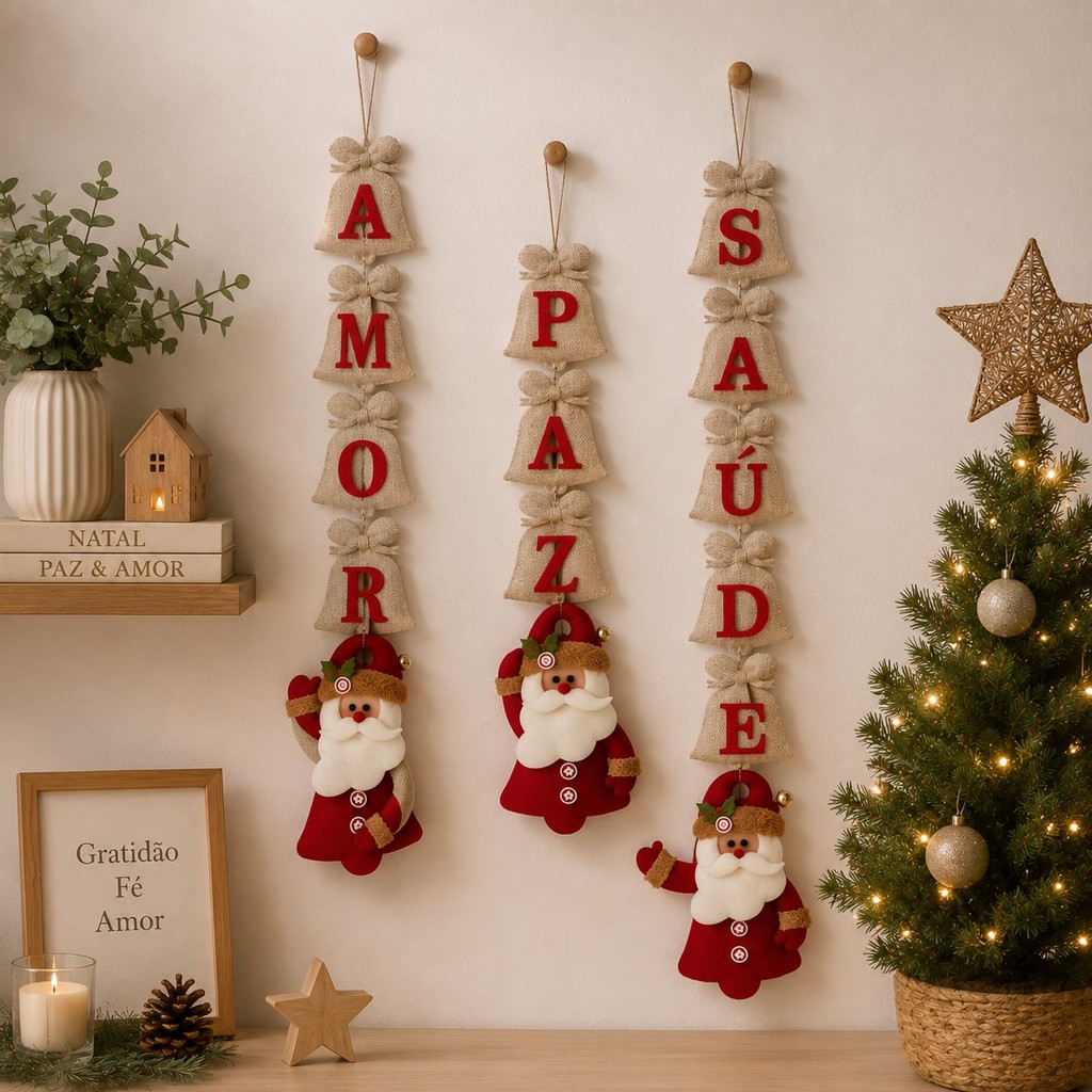 Enfeite de Natal Desejos Papai Noel Palavras Juta