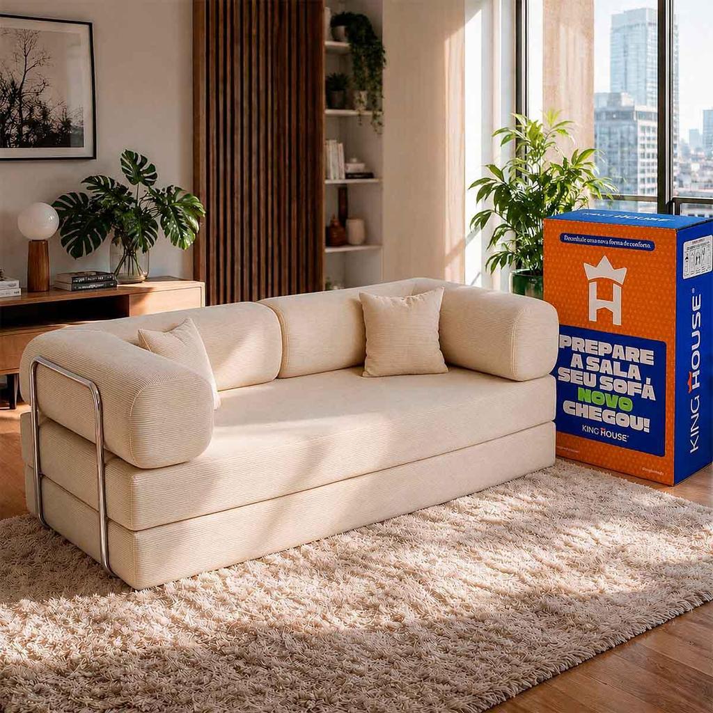 Sofá Cama Chegada Molas Ensacadas á Vácuo 2 Lugares 1,80m Veludo Cotelê Bege - King House