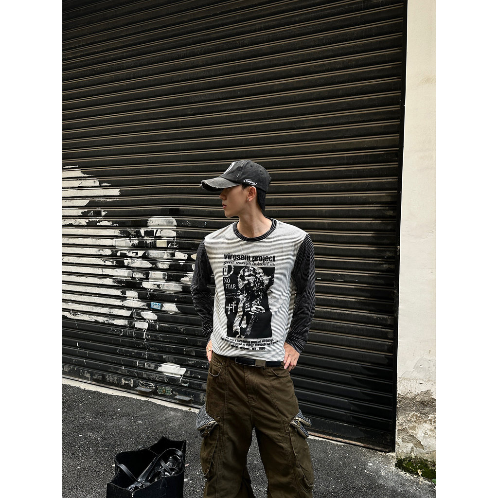 Americano Retro cor-bloqueando listrado impresso camiseta de manga comprida masculina primavera outono cleanfit solto Ca