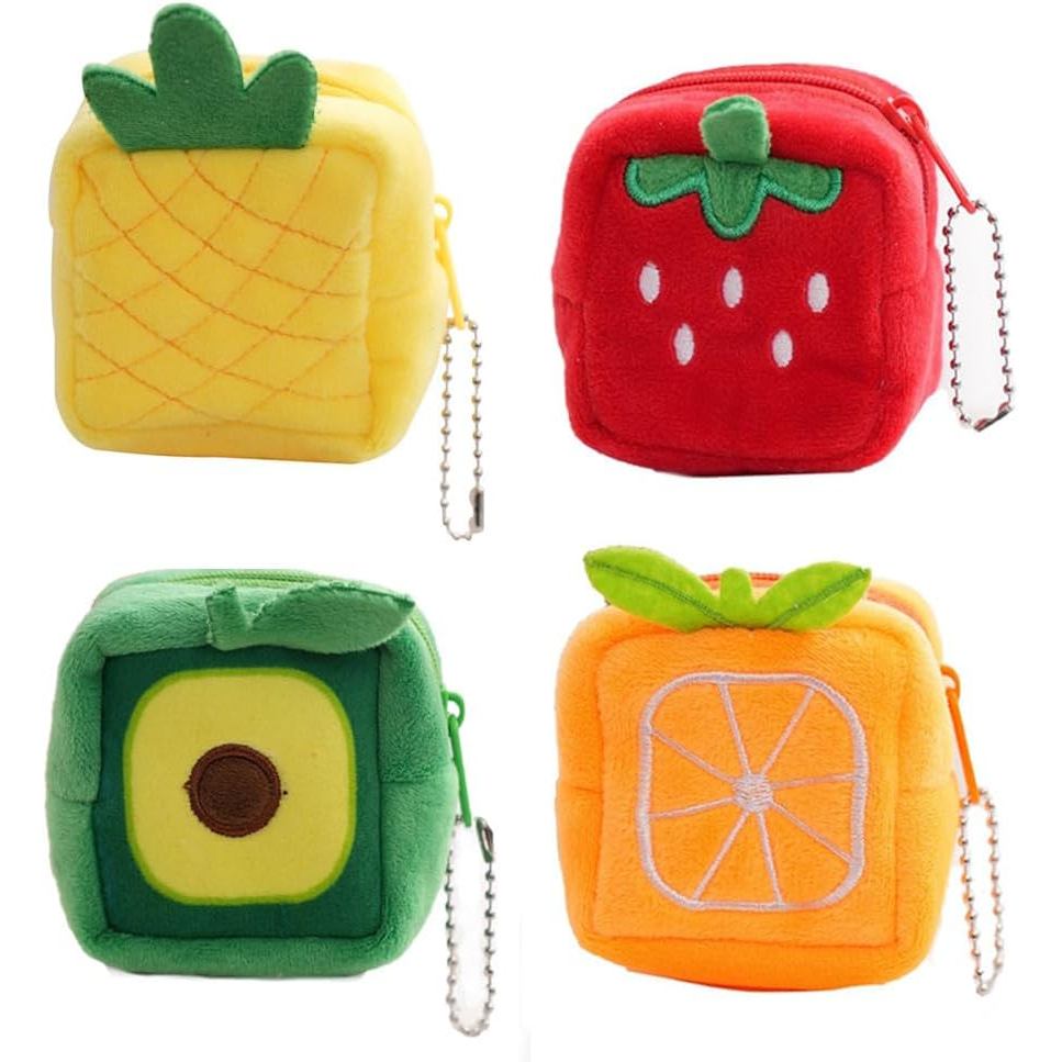 GUDEKIKL 4 Peças de Bolsas de Moedas de Pelúcia com Formato de Fruta, Bonitas e Portáteis, Carteira Quadrada de Pelúcia 