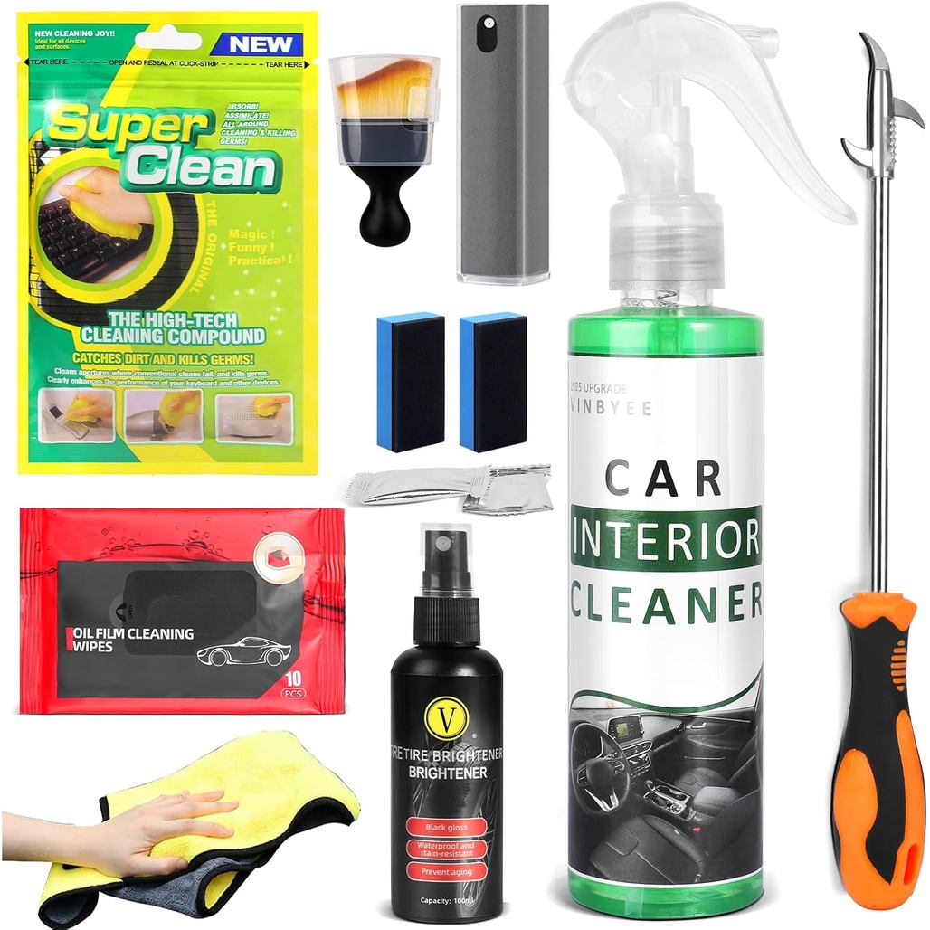 Kit De Limpeza Interior De Carro 11 Unidades | Limpador De Assento , Spray Para Brilho De Pneus , Tela , De Pedra De Pne