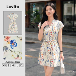 Lovito Férias Vestido com Cinto e Estampa Vestido de Primavera/verão para mulheres L177ED1063