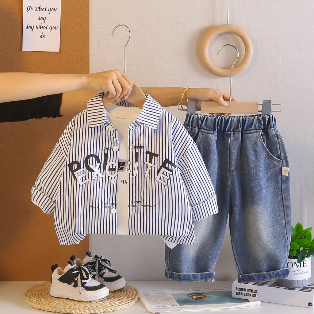 Outono Primavera Crianças Meninas Meninos Conjuntos De Roupas Carta Impressa Camisa Listrada Topo + Camiseta De Algodão 
