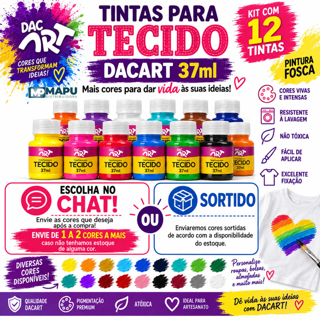 Kit com 12 Tintas para Tecido 37ml - Dac art