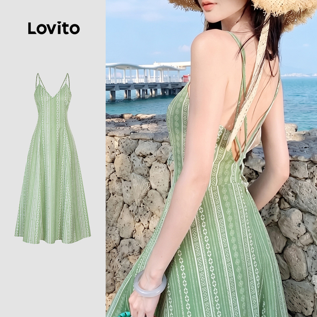 Lovito Padrão De Vestido Boho Vestido Exquisito De Primavera/Verão Verde Para Mulheres L198ED476