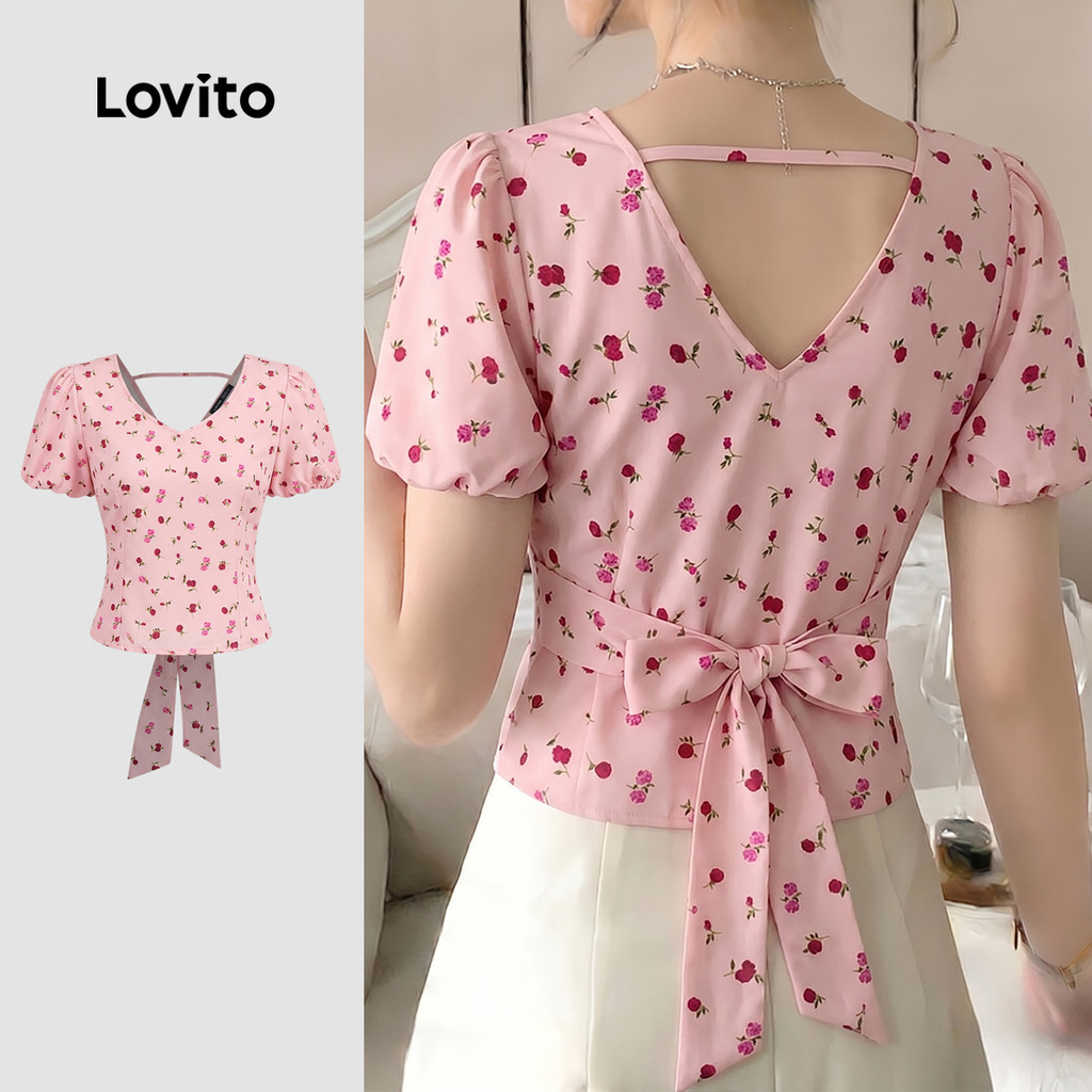 Lovito Blusa Boho com Recorte e Amarração em Renda Padrão Primavera/verão Rosa Feminina BLB198P1D211
