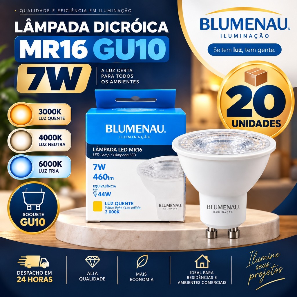 Kit 20 /10 / 5 Lâmpadas Led Dicróica MR16 7W GU10 BLUMENAU Bivolt Bipino Escolha 3000k 4000k ou 6000k Pode Usar em Spots