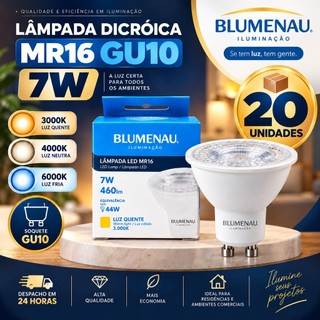 Kit 20 /10 / 5 Lâmpadas Led Dicróica MR16 7W GU10 BLUMENAU Bivolt Bipino Escolha 3000k 4000k ou 6000k Pode Usar em Spots