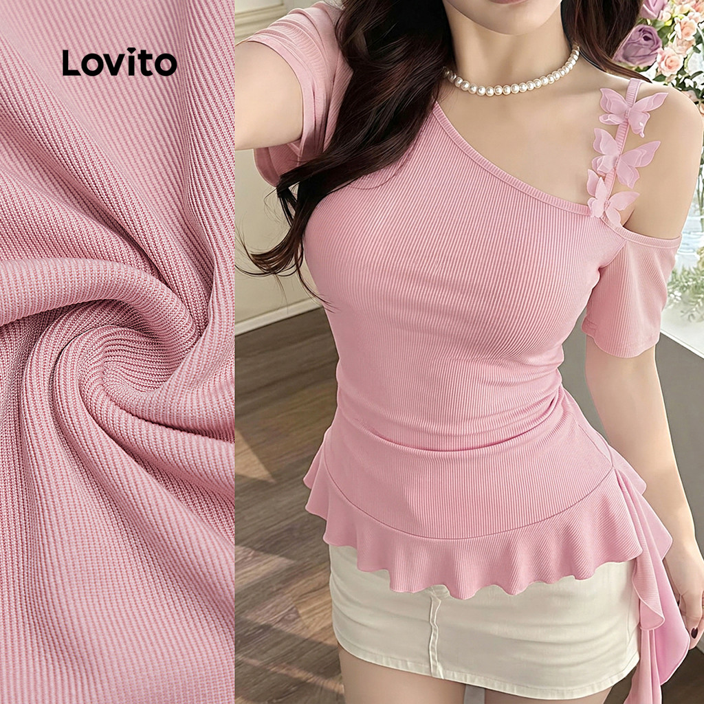 Lovito Casual Camiseta Rosa Borboleta Fita de Babado Na Barra Camiseta para Mulheres L198ED232