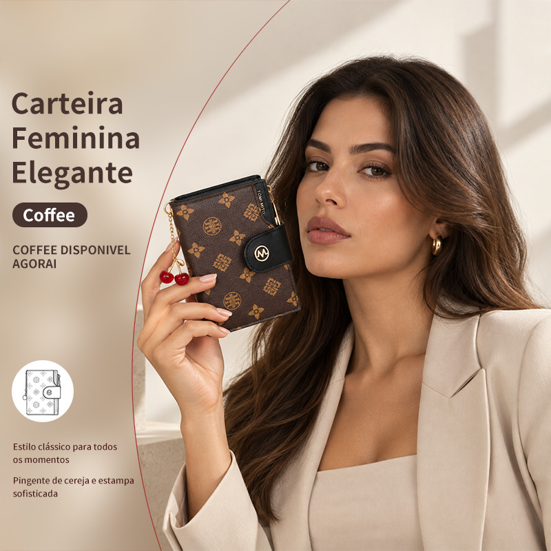 TOMI MITO Carteira Curta com Porta Cartões, Compartimento para Moedas com Zíper e Fechamento por Botão D488