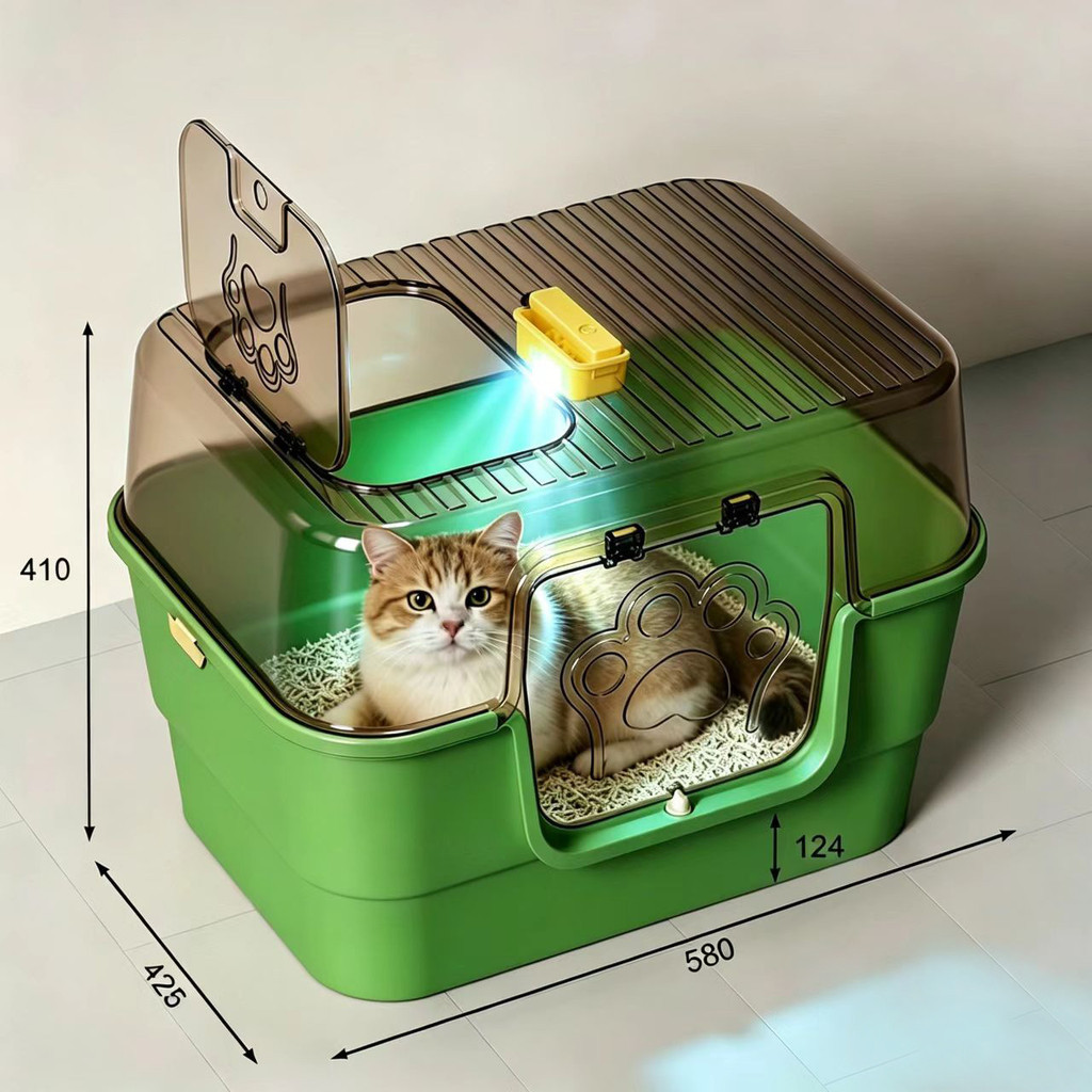 Caixa de areia para gatos de grandes dimensões, destacável, transparente, tampa superior, caixa de areia para gatos, Sem