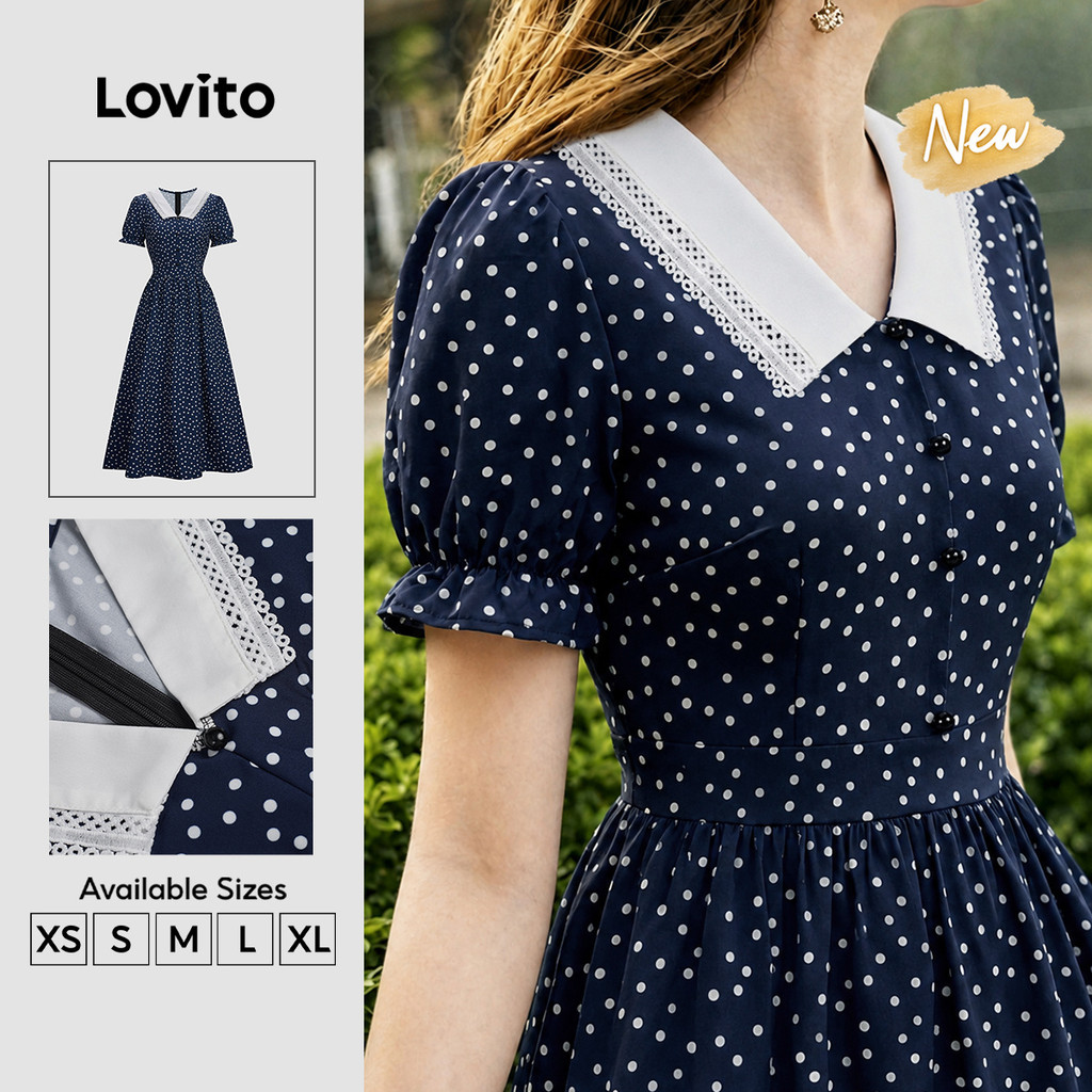 (New Arrival) Lovito Vestido Feminino Azulmarinho Com Estampa De Poás E Blocos De Cor Linha a Para Trabalho Primavera/verão DRB205P2D166