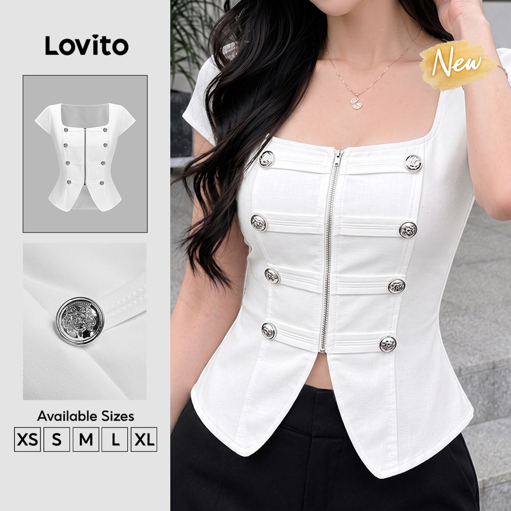(New Arrival) Lovito Casual Blusa Manga Curta Gola Quadrada Branca Zíper Botão Duplo Fenda Frontal Primavera Verão Fim De Semana Para Mulheres BLT204P1D173
