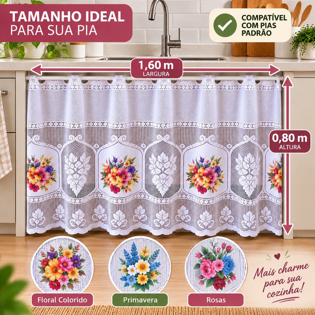 Cortina para Pia Renda Estampada Floral 1,60x0,80m