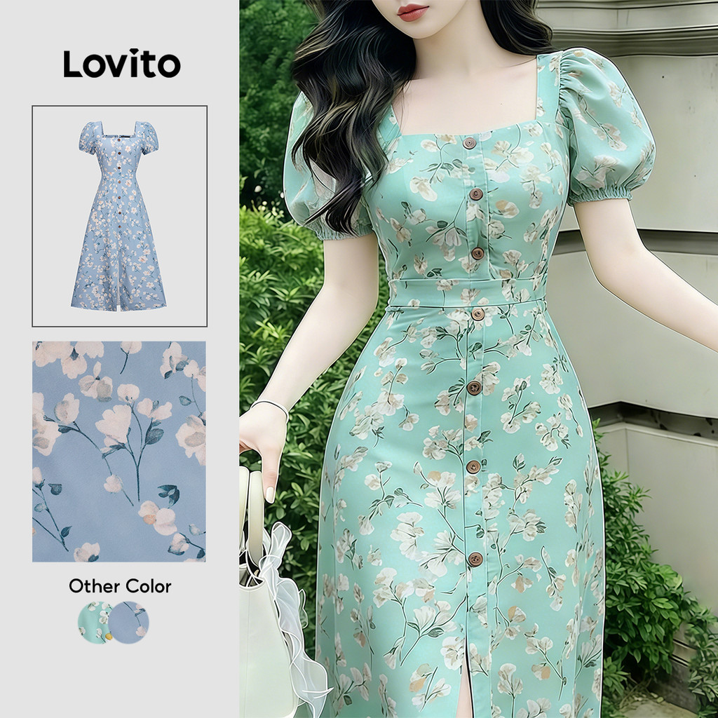 Lovito Vestido Boho com Botões Frente Zíper Primavera/verão Verde para Mulheres LK5ED470