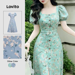Lovito Vestido Boho com Botões Frente Zíper Primavera/verão Verde para Mulheres LK5ED470