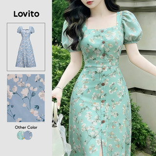 Lovito Vestido Boho com Botões Frente Zíper Primavera/verão Verde para Mulheres LK5ED470