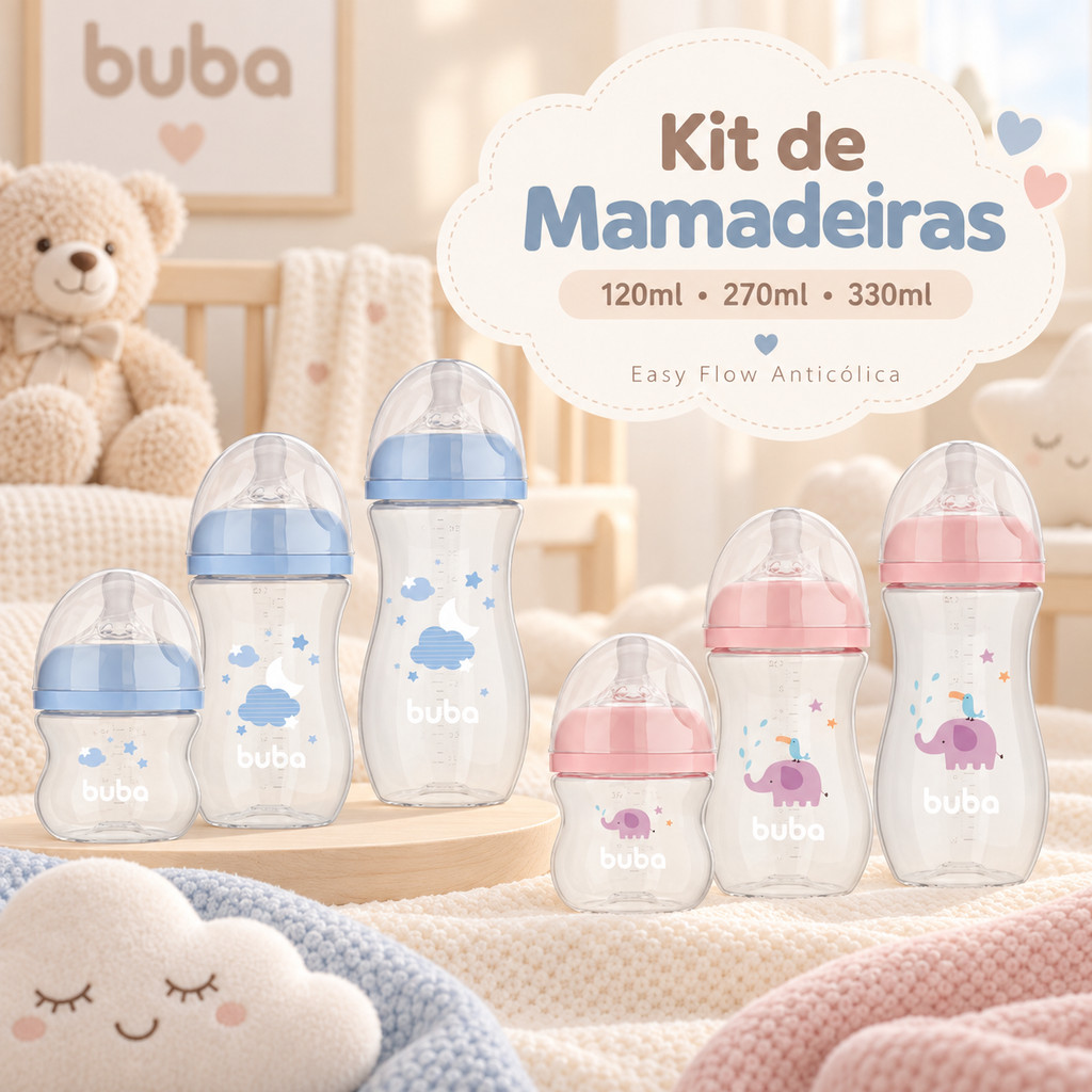 Mamadeira Buba Infantil 120ml 270ml 330mL Easy Flow Anticólica +2m Kit Mamadeiras Amamentação Bebe