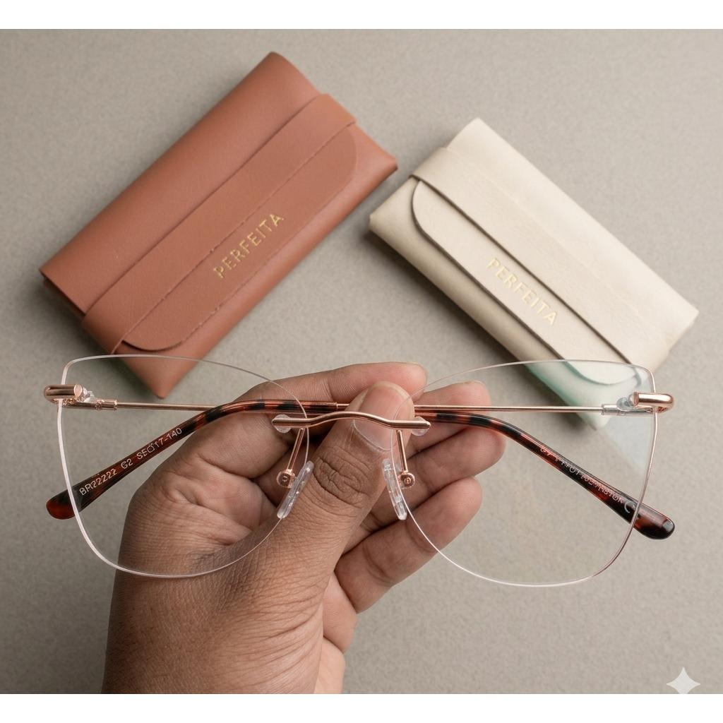 Armação De Óculos Balgriff + Case De Proteção Feminino Sem Aro PARIS Lente Gatinho Estilo Retrô Old Money Armação Óculos