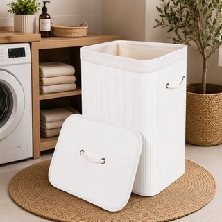 Cesto Organizador Bambu 70 Litros Tampa Alças Branco LEHAVI