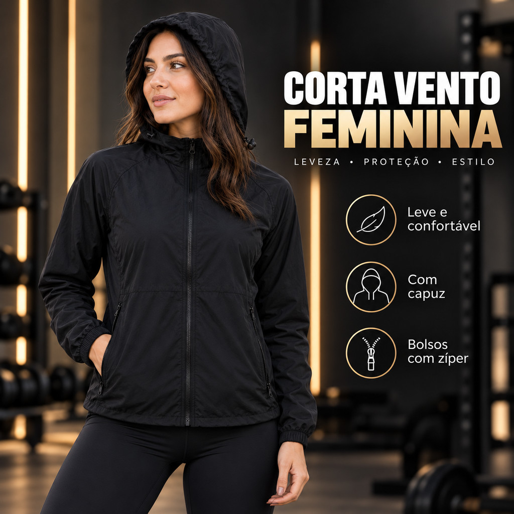 Jaqueta Corta Vento Feminina Capuz Removível Forro em Tela Bolsos com Zíper