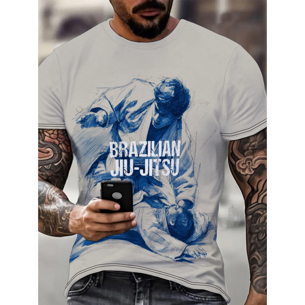 Brasil Jiu-Jitsu Tema Camiseta Jiu-Jitsu Amantes Presente Masculino Impressão Digital 3D Gola Redonda Camiseta de Manga 