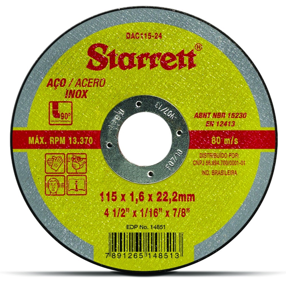 Disco de corte para inox 4.1/2 x 7/8 x 1,6 mm - DAC115-24 - Starrett
