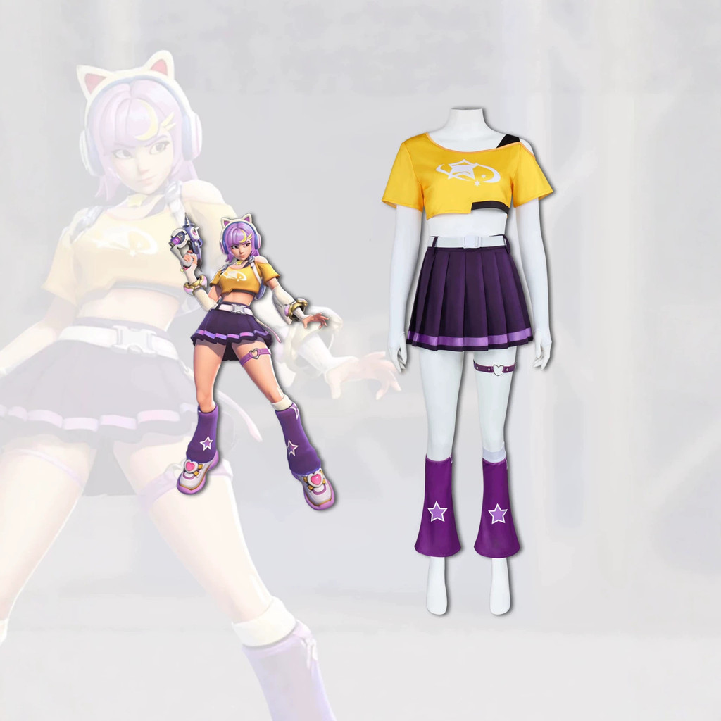 Cosplay completo de Juno (Overwatch) - Arco do Coração, vestido curto roxo e amarelo, fantasia de personagem de jogo.