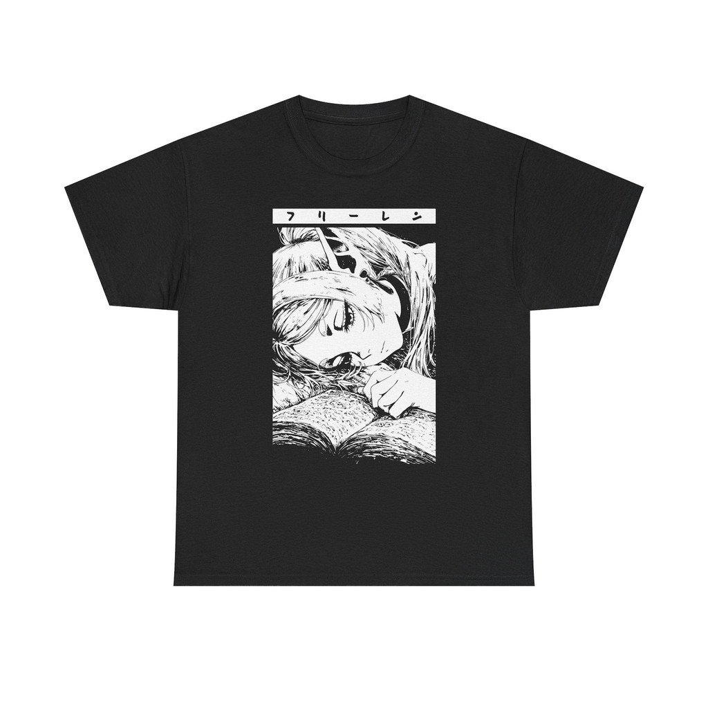 Camiseta Feminina com estampa de mangá de personagem adormecida traço esboçado monocromática descolada confortável estil