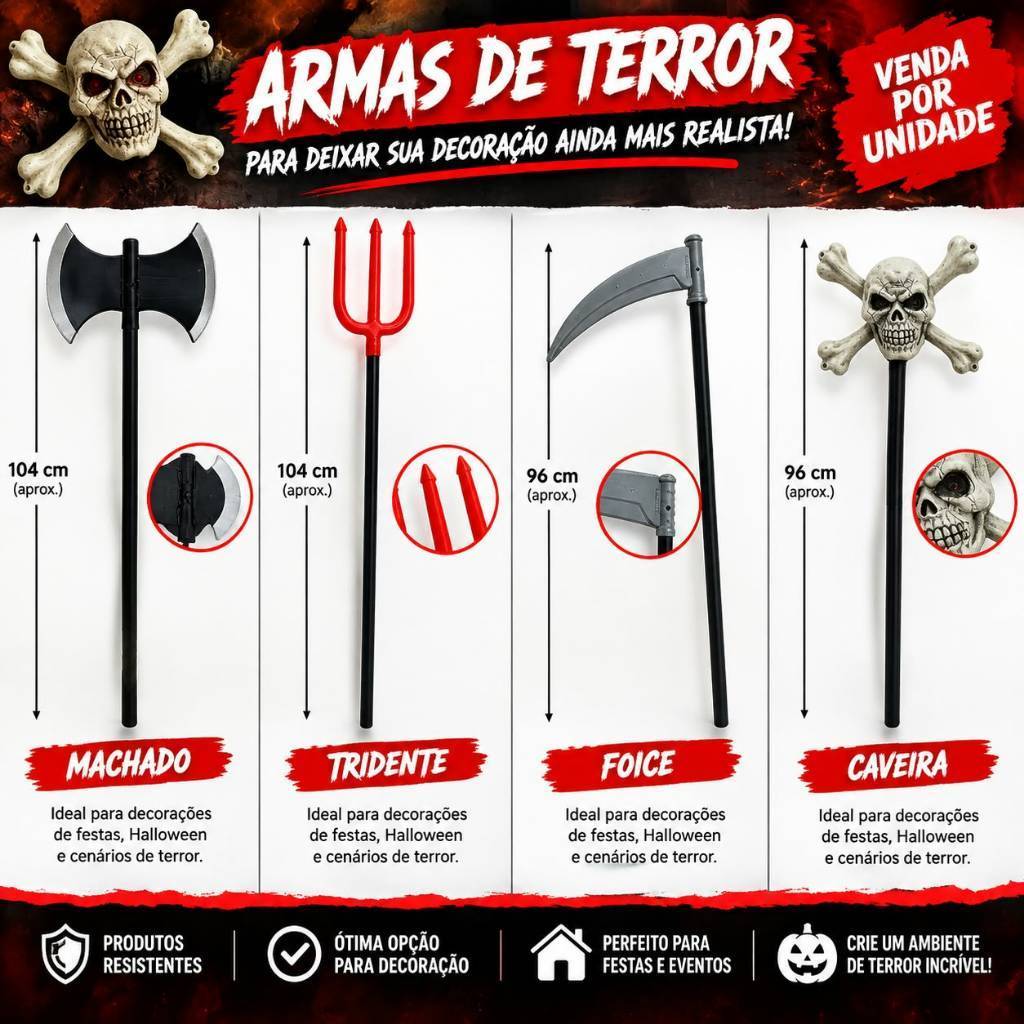 Decoração Halloween de Terror Machado Foice Tridente Caveira